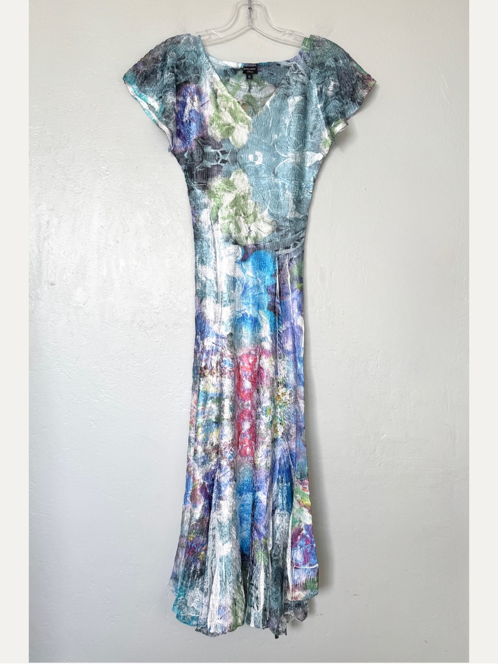 Komarov Crinkled BLue Multicolor Watercolor Floral Print Cap Sleeve Midi Dress S